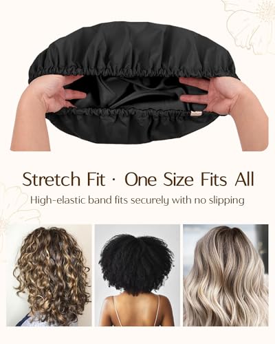 Yanibest Satin Lined Shower Cap for Women Reusable Waterproof, Frizz Free & Large Bath Cap with Soft Elastic Band, Luxury Hair Protection Caps (Black) - Image 6
