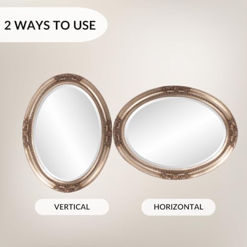 Image of Howard Elliott Collection Queen Ann Oval Antique Silver Leaf Wall Mirror, Oval Bevelled Hanging Wood Framed Vanity Mirrors for Home Decor, Living Room, Bathroom, Bedroom, or Hallway, 25 x 33 Inch