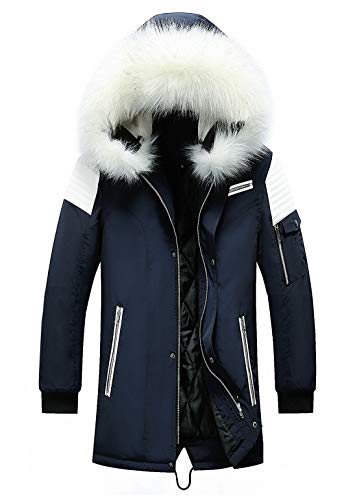 chouyatou Men's Winter Warm Faux Leather Spliced Padded Long Down Alternative Parka Coat Fur Hood