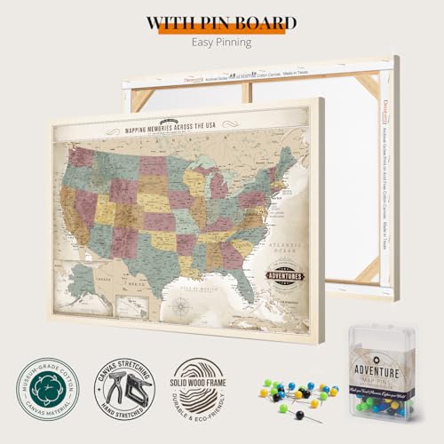 Image of DECORARTS - Oversized Push Pin Travel Map USA, Extra Large US Maps for Wall, Vintage Pastel United States Pin Board Canvas, Giclee Print, Handcrafted in USA, 40x30''