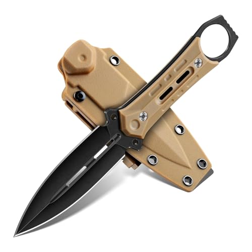 Freelander Fixed Blade Knife with Sheath - D2 Steel Survival Knife, Full Tang Camping Knives with Anti-Slip Grip Handle for Bushcraft & Outdoor Adventures, Gifts for Men Khaki