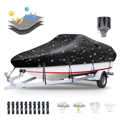 Plscoverit Boat Cover, 17'-19' Heavy Duty 1200D Polyester Canvas Trailerable Boat Covers, UV Resistant Waterproof Bass Boat Covers with Motor Cover, Fits V-Hull Tri-Hull Boat, Runabout,Fish&Ski Boat Cover