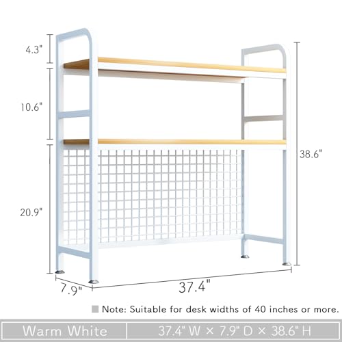 IOTXY 2-Tier White Metal Desk Bookshelf for Office and Dorm Room, Countertop Storage Organizer with Grid Panel, 37.4" W 