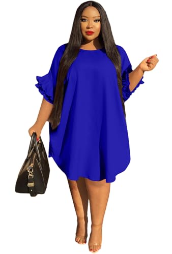 Image of Ekaliy Women's Casual Vintage Ruffle Sleeve Loose Party Midi Plus Size Dress Casual Summer