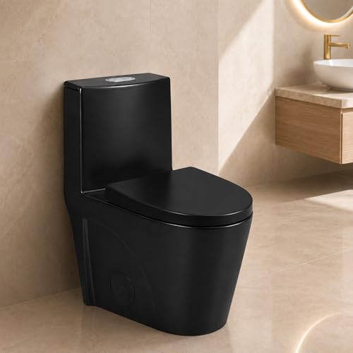 Inodoro de una pieza negro, descarga dual 1,1/1,6 galones por descarga, forma alargada y altura cómoda, asiento de cierre suave, cerámica, montaje en piso