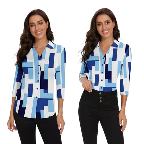 Image of Soneven Womens Golf Polo Shirts 3 /4 Long Sleeve V Neck Button Down Shirts Business Causal Work Blouses Tops