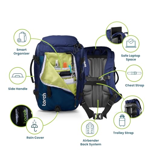torch Travel Backpack 40L – TSA Friendly Flight Approved, Carry-On Waterproof Hiking Daypack with Rain Cover – Lightweight Rucksack for Camping, Trekking, Outdoor Adventures – Takahagi(Blue)4