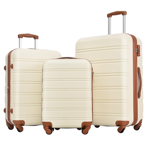 3 Piece Luggage Set Hardside Spinner Suitcase with Expandable Feature, Lightweight ABS Material, Antique White