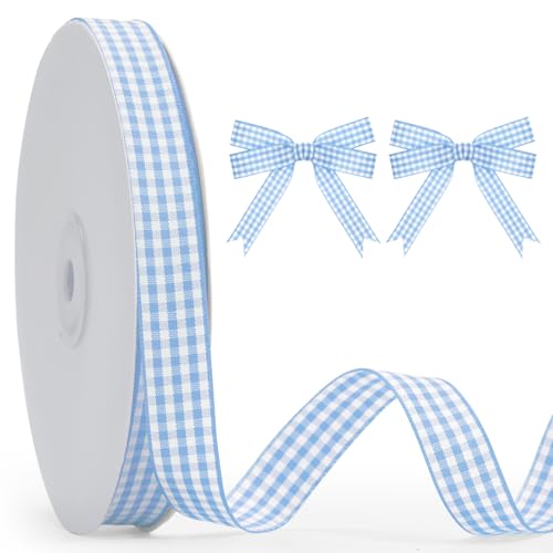 KINGLAKE Light Blue Gingham Ribbon -5/8 x 50 Yds Blue and White