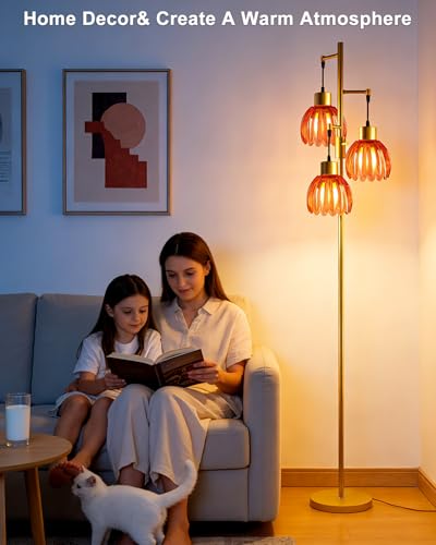 Image of Lightdot 65'' Glass Floor Lamp Dimmable Gold with Deep Red Lotus Glass Shade & 3000K Bulbs Included 3-Lights Modern Tall Standing Lamp with 5Lbs Heavy Base for Living Room /Bedroom /Sofa /Corner Decor