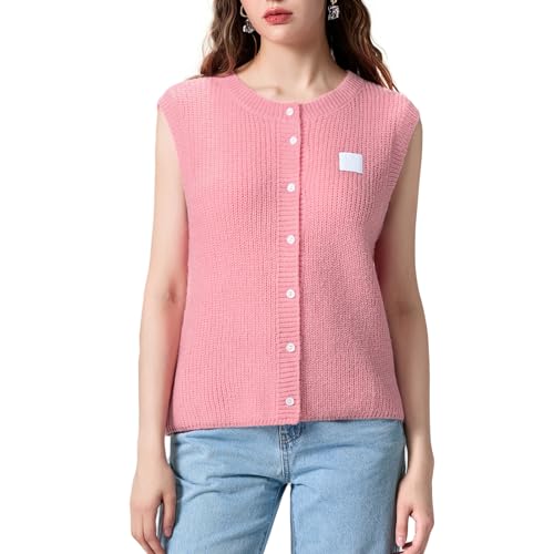 Image of Women Chunky Button Sweater Vest Sleeveless Round Neck Rib Knitted Tank Top Y2k Knitted Cardigan Vest Shirt