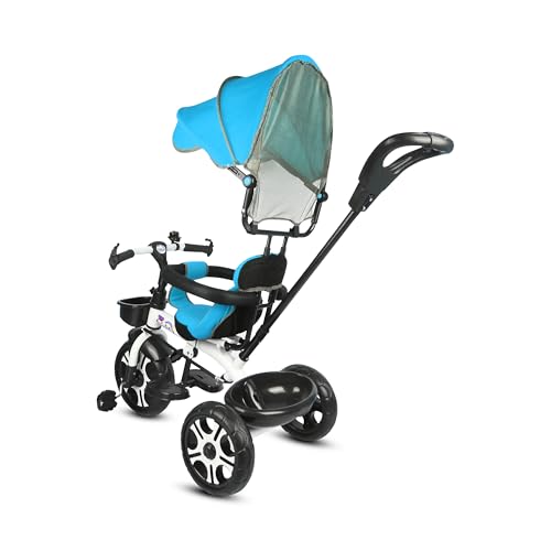 Image of BABY SMILE 4-in-1 Kids Tricycle with Adjustable Canopy, Parent Push Handle, Red and White (Blue)
