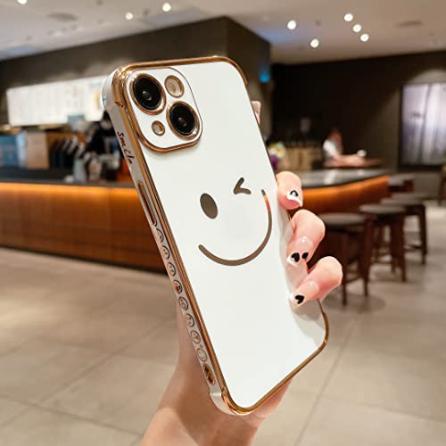 Facweek Compatible With Iphone 14 Case Cute, [Upgraded No Fading Gold Plating Version] Happy Smiley Face Plated Silicone Protective Phone Case Durable For Women For Iphone 14 6.1 Inch - White #TOP2