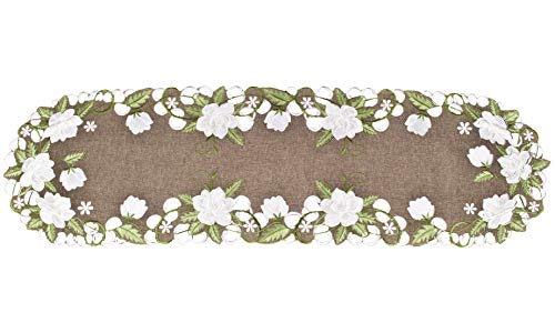 Beautiful White Magnolia Floral Design And Green Leaves Embroidered Cutwork Edges On Brown Polyester Linen, Table Runner, Table Centerpiece, Dresser Scarf, Coffee Table Runner, Scarf (14Wx51.5L) #TOP1
