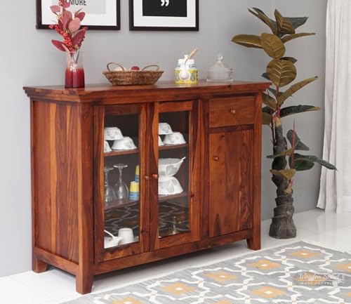 Image of Solid Sheesham Wood Sideboard Cabinet for Living Room | Crockery Cabinet with 2 Acrylic Glass Door | Kitchen Display Unit | 2 Acrylic Glass Doors, 1 Door Cabinet & 1 Drawer | Honey