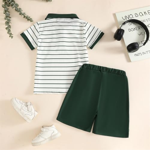 Image of Toddler Kid Boy Clothes Textured Striped Polo Collar Top Summer Shorts 2PC Summer Outfit Set