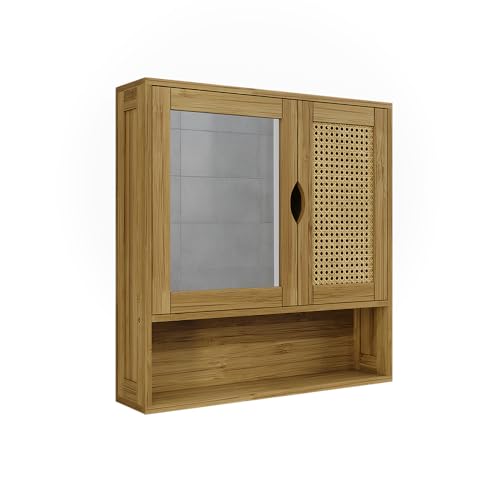 Vicco Badspiegelschrank Liora, Bambus, 56 x 58 cm mit Spiegel, zur Aufbewahrung von Badutensilien und Handtüchern