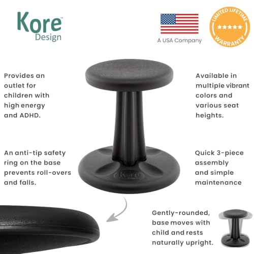 Image of Kore Preschool Wobble Stool, Flexible Seating, Ages 4-5, 12in, Black | Wiggle chair for classroom and home boosts focus, improves posture, and provides an energy outlet; anti-tip base; Made in USA
