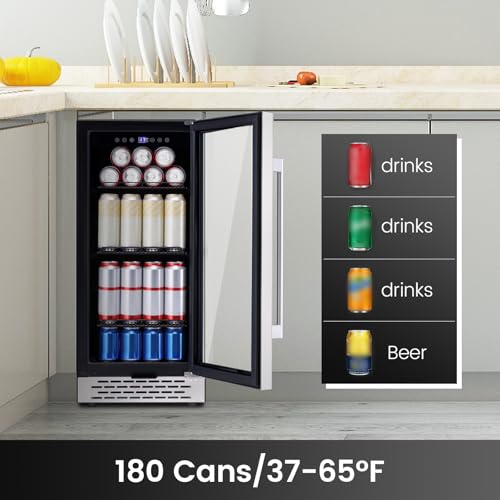 Image of 15 Inch Beverage Refrigerator Under Counter, 130 Cans Beverage Fridge with Tempered Glass Door & Lock, 37-65F Beverage Cooler For Home /Bar, Built-in /Freestanding Mini Drink Cooler(3.53 cu.ft)