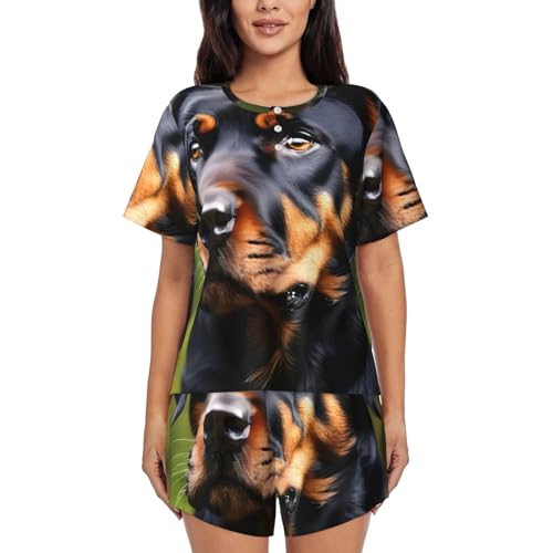 Ensemble court deux pièces femmes imprimé Rottweiler pyjama col rond short confortable