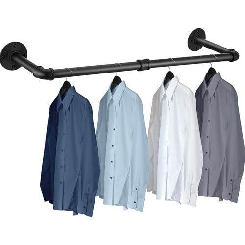 Duscdesp Kleiderstange Wandmontage Industrial Garderobenstange Schwarz, Kleiderstange Wand Schwerlast Kleiderstangen Metall, Platzsparenders Kleiderständer für die Wand Decke Schlafzimmer (90cm)