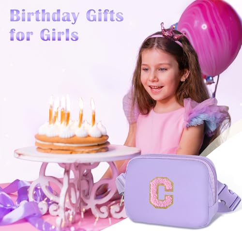 Image of COSHAYSOO Valentines Birthday Initial Gifts for Teen Girls 5 6 7 8 9 10 11 12 13 14 Year Old Purple Fanny Pack for Girls Belt Bag Crossbody Travel Purse Unique Trendy Preppy Stuff Chenille Letter C