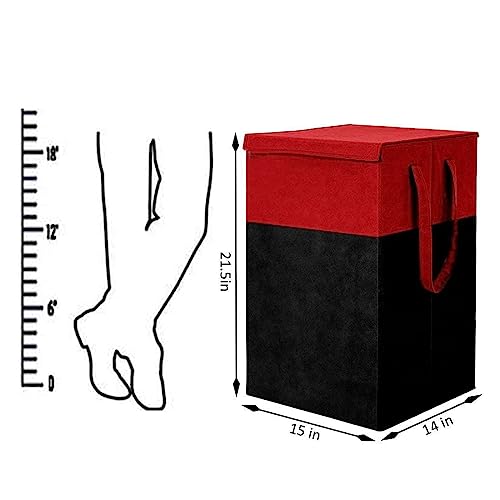Image of 75L Non Woven Printed Rectangular Foldable Laundry Bag | Clothes Storage Organiser With Lid And Side Handle | Utility Basket For Bedroom Hostel Space Saving Design | Red & Black