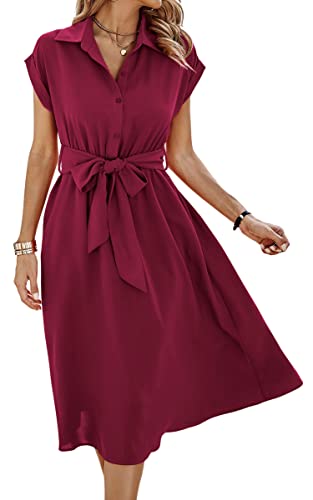 Image of ECOWISH Womens Casual Midi Dresses Solid V Neck Short Sleeve Button Shirt Belted Dress with Pockets for Spring Summer 2026
