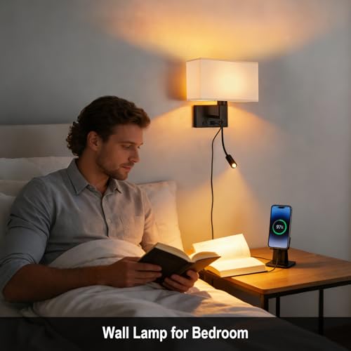 Image of Black Wall Sconces, Hardwired Wall Lamp with USB Port and Reading Lamp, Fabric Shade Bedside Wall Lights with Reading Lamp for Bedroom Living Room Hotels Corridors (Black)
