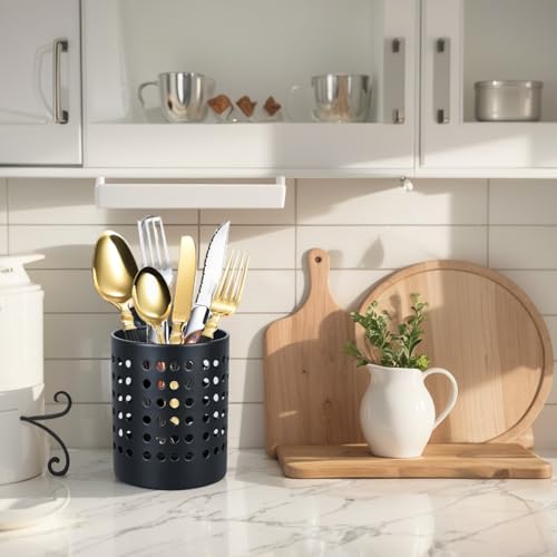 KSENDALO Round Black Metal Utensil Holder Set of 2 - Caddy & Organizer for Drying Cooking Spoons, Spatulas, and Silverware - Essential Container for Kitchen Countertop