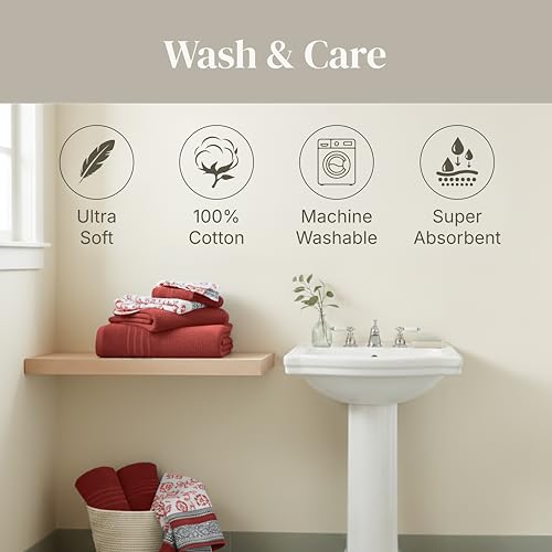 Image of Modern Threads 6 Piece Bath Towel Set - Bathroom Set with 2 Bath Towels, 2 Hand Towels, and 2 Wash Cloths - 100% Cotton, Super Absorbent & Extra Soft - Reversible Floral Trail (Rust Orange)