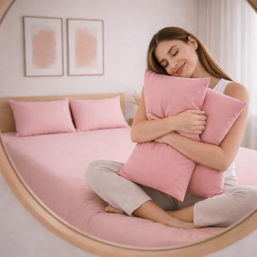 Image of THE HOME STYLE Solid Plain Cotton Feel Fitted Bedsheet (72x78 inches) with Reversible Comforter (90x100 inches) | King Size | 2 Pillow Covers | 300 TC | 4-Piece Bedding Set (Peach)