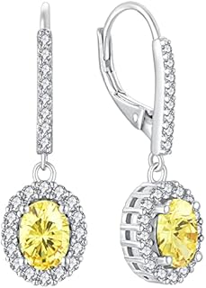YL Drop Earrings 925 Sterling Silver 12 Birthstone Oval Cubic Zirconia Dangle Earrings for Women