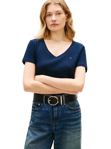 Tommy Hilfiger Women's Ribbed Slim V-Neck T-Shirt, Dark Night Navy X-Large
