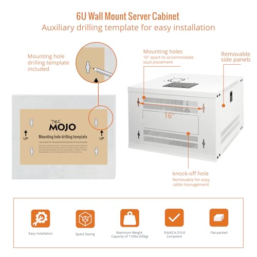 Image of Tecmojo 6U Wall Mount Rack Network Cabinet for 19 inch IT Equipment,with Lockable Glass Door and Side Panels,Cooling Fan,17.7inch Depth,White