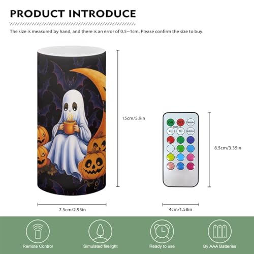 Image of Poceacles Ghost Moon Pumpkin Bat Flickering Flameless LED Battery Candles Pillar Candles Tealight with 18-Key Timer Remote with Colorful Light for Indoor Outdoor Home Halloween Decor