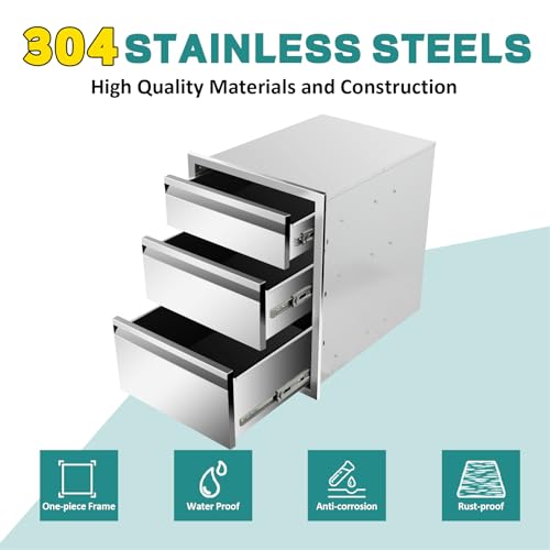 Image of Outdoor Kitchen Drawers 18 inch W x 21 inch H x 23 inch D Stainless Steel Drawer BBQ Triple Drawers with Hidden Handle for Outdoor Kitchen Island, Patio Grill Station