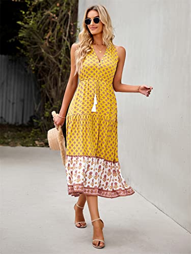 Robe midi bohème à imprimé floral imprimée et taille haute rose