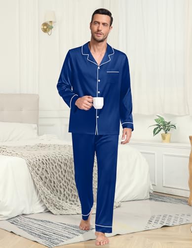 Womens/Mens Pajama Set Matching Pajamas for Couples Long Sleeve Satin Silky Sleepwear Classic Button Down Pjs4
