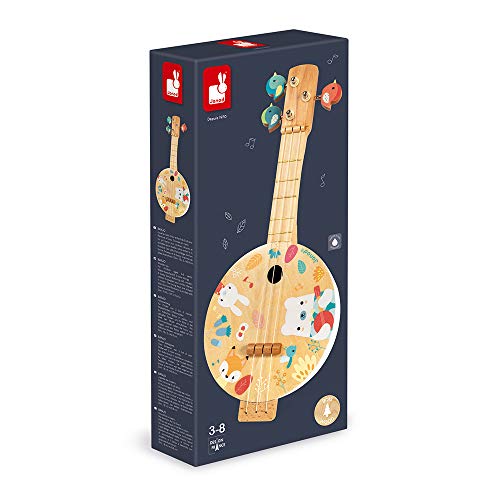 Janod - Banjo Pure In Legno - Con Graziose Illustrazioni Stampate, Vernice Ad Acqua - Meccaniche A Forma Di Uccellino - Gioco Imitativo - 3 Corde Di Ricambio - Banjo Per Bambini Da 3 A 8 Anni, J05160 - 4