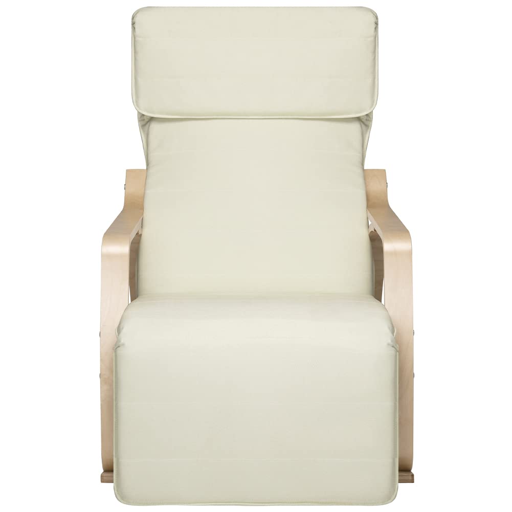 BAKAJI Sedia a Dondolo in Legno di Betulla con Rivestimento in Cotone Imbottito in Spugna Altissima Densità, Oscillante Relax con Poggiapiedi Regolabile e Cuscino, (Beige)