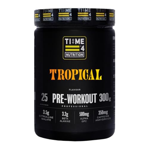 Time 4 Pre Workout Professional High Strength Vegan Pre Workout Powder for Men & Women Energy Drink Zero Sugar with L Citrulline Malate, Beta Alanine, L-Tyrosine, Alpha GPC, Theacrine (Tropical)