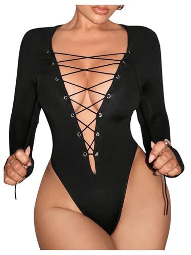 WDIRARA Women's Lace Up Deep V Neck Bodysuit Long Sleeve Criss Cross Sexy Body Suit Black Large
