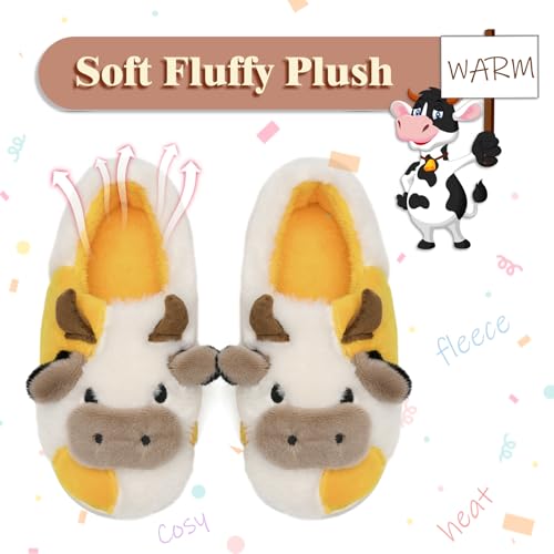 soofylia Women's Cow Slippers - Cotton Fuzzy Animal Print Cartoon Memory Foam Plush Slides - White, Brown - Size 63
