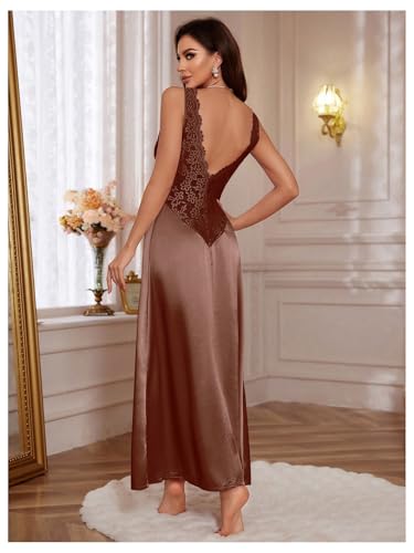 Image of WDIRARA Women's Satin Sleepwear Nightgown | Lace, Backless, Deep V Neck, Sleeveless, Long