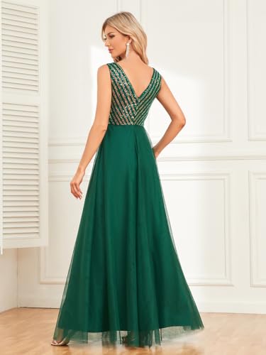 Women Maxi Sequin Formal Evening Party Dresses Glitter Empire Waist V Neck Sleeveless Tulle Wedding Guest Dress Dark Green XL3