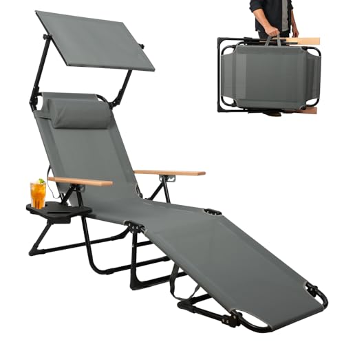 Chaise Longue Pliable avec Dossier Réglable à 4 Positions, Transat Bain de Soleil avec Accoudoirs en Bois, Bain Soleil pour Balcon Jardin Piscine et Plage, Charge Max...
