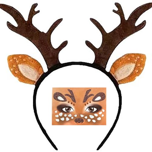 YosiMing Deer Antlers Headband with Face Stickers Brown Reindeer Costume Accessories for Women Halloween Christmas Cosplay Party Supplies