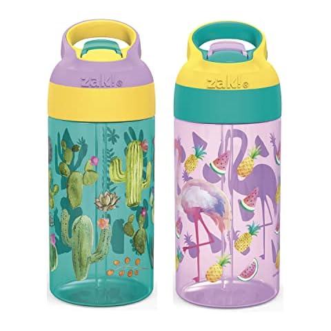 Zak Designs 16oz Riverside Desert Life Kids Water Bottle with Straw and Built in Carrying Loop Made of Durable Plastic, Leak-Proof Design for Travel, Cactus-Flamingo Pineapple, 2PK Set Cover