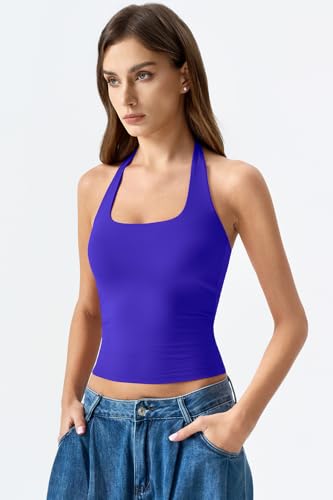 Image of QINSEN Womens Halter Top Double Lined Tank Top Sleeveless Open Back Slim fit Going Out Tops